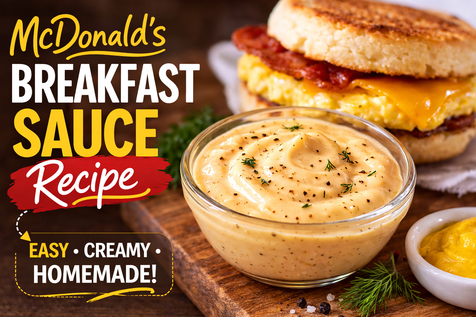 Spoon lifting creamy McDonald's style breakfast sauce from bowl with breakfast sandwich in background