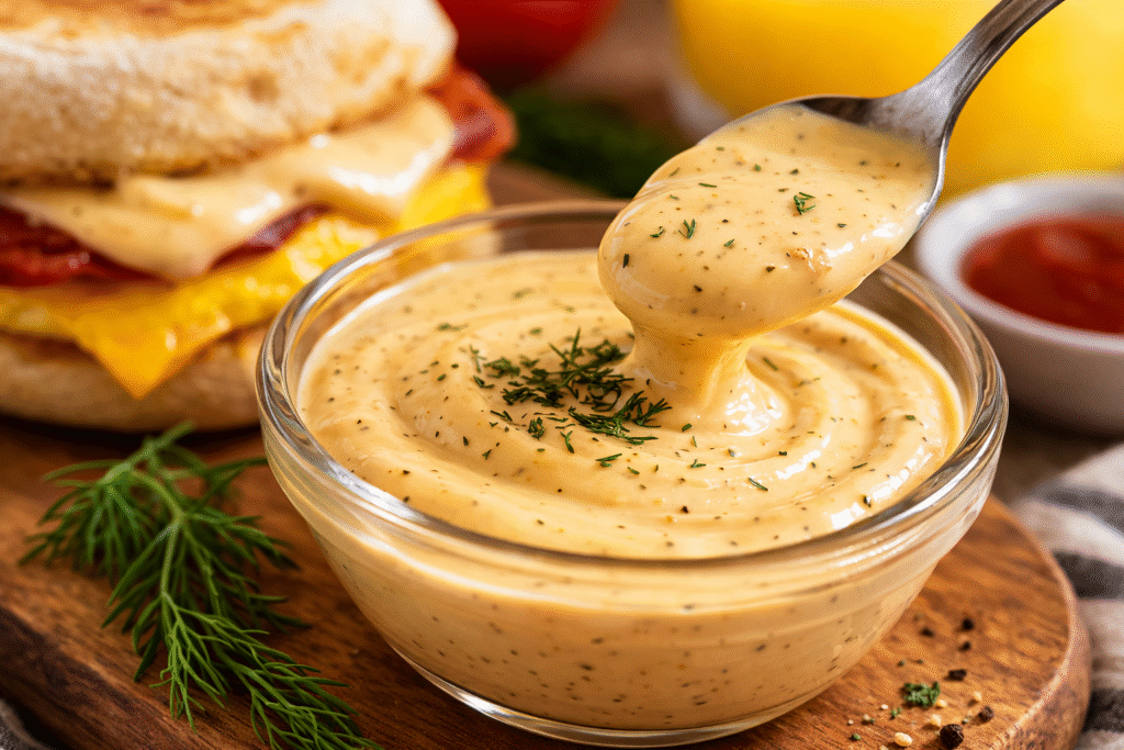 Homemade McDonald's breakfast sauce in a bowl served with egg and cheese breakfast sandwich