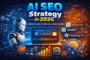 AI SEO Strategy in 2026 illustration showing AI search engines like Google AI Overview, ChatGPT, and Perplexity with SEO analytics dashboard