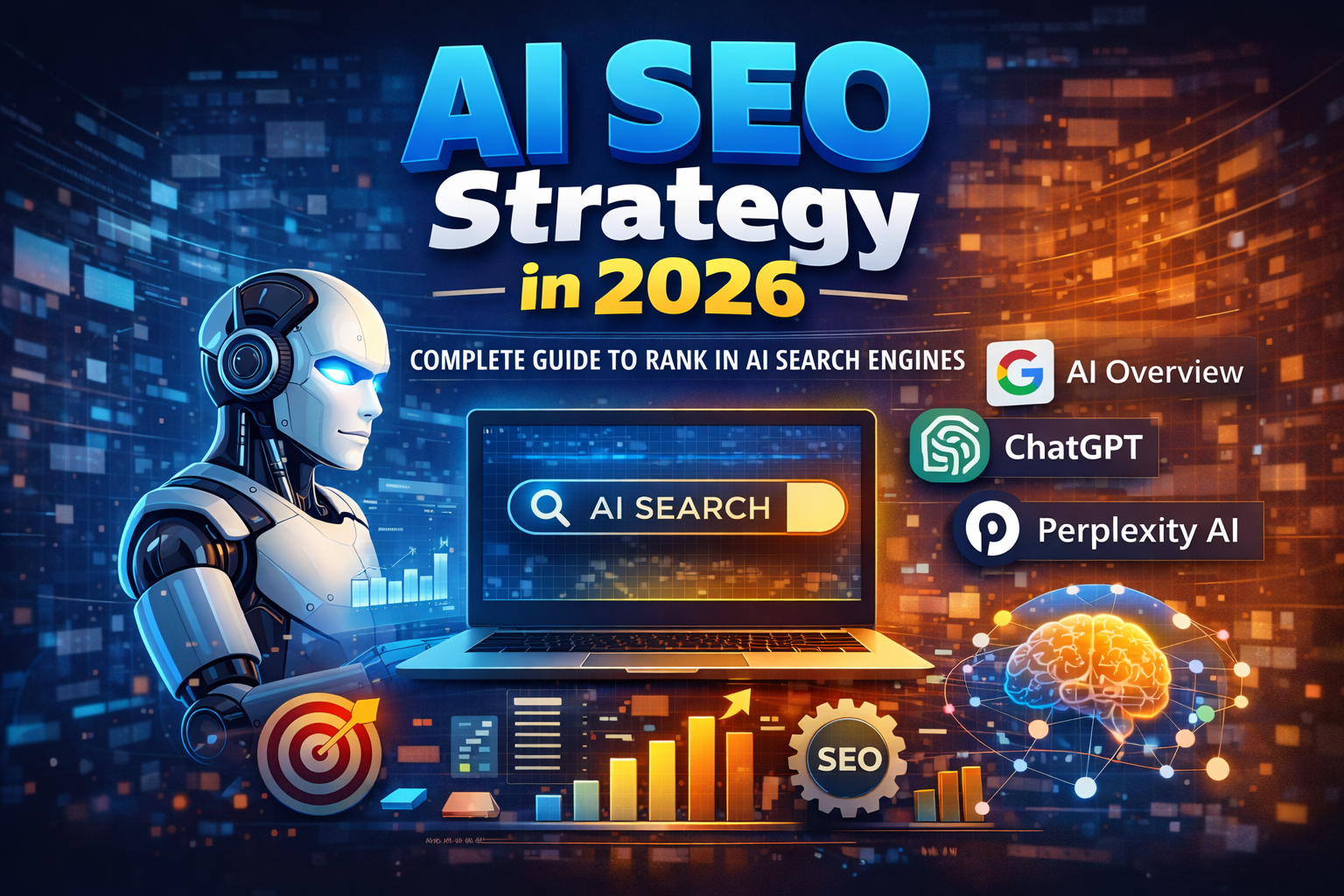 AI SEO Strategy in 2026 illustration showing AI search engines like Google AI Overview, ChatGPT, and Perplexity with SEO analytics dashboard
