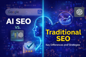 AI SEO vs traditional SEO comparison showing AI search engines, ChatGPT, and search ranking analysis in 2026