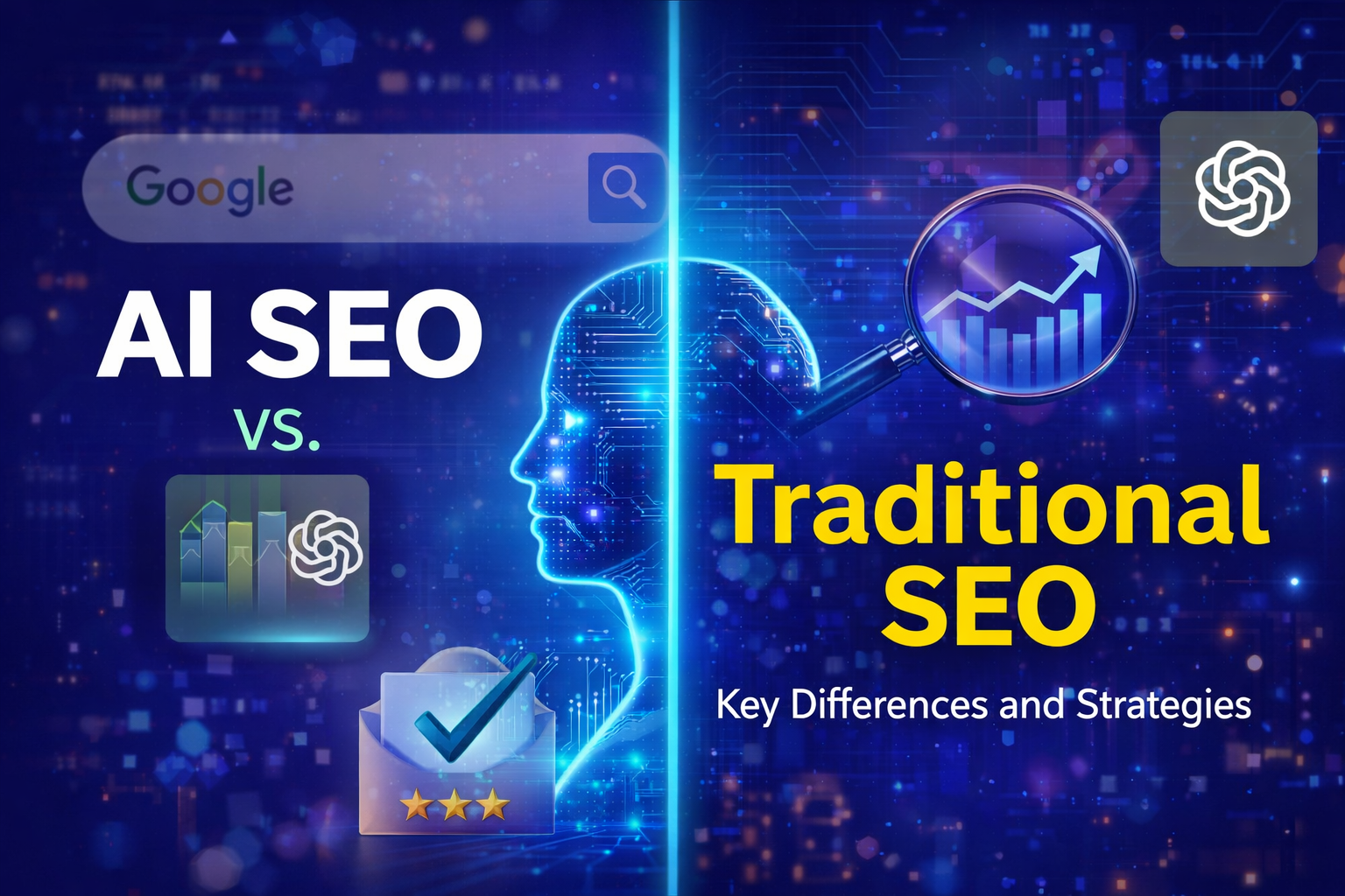 AI SEO vs traditional SEO comparison showing AI search engines, ChatGPT, and search ranking analysis in 2026