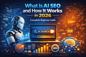 AI SEO concept showing artificial intelligence analyzing website search rankings and optimization data on a laptop in 2026