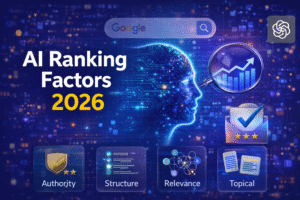 AI search ranking factors in 2026 showing authority, structure, relevance, and AI SEO signals