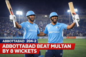 Abbottabad players Kamran Ghulam and Shahzaib Khan celebrating victory over Multan in the National T20 Cup 2026 after chasing 204 runs.
