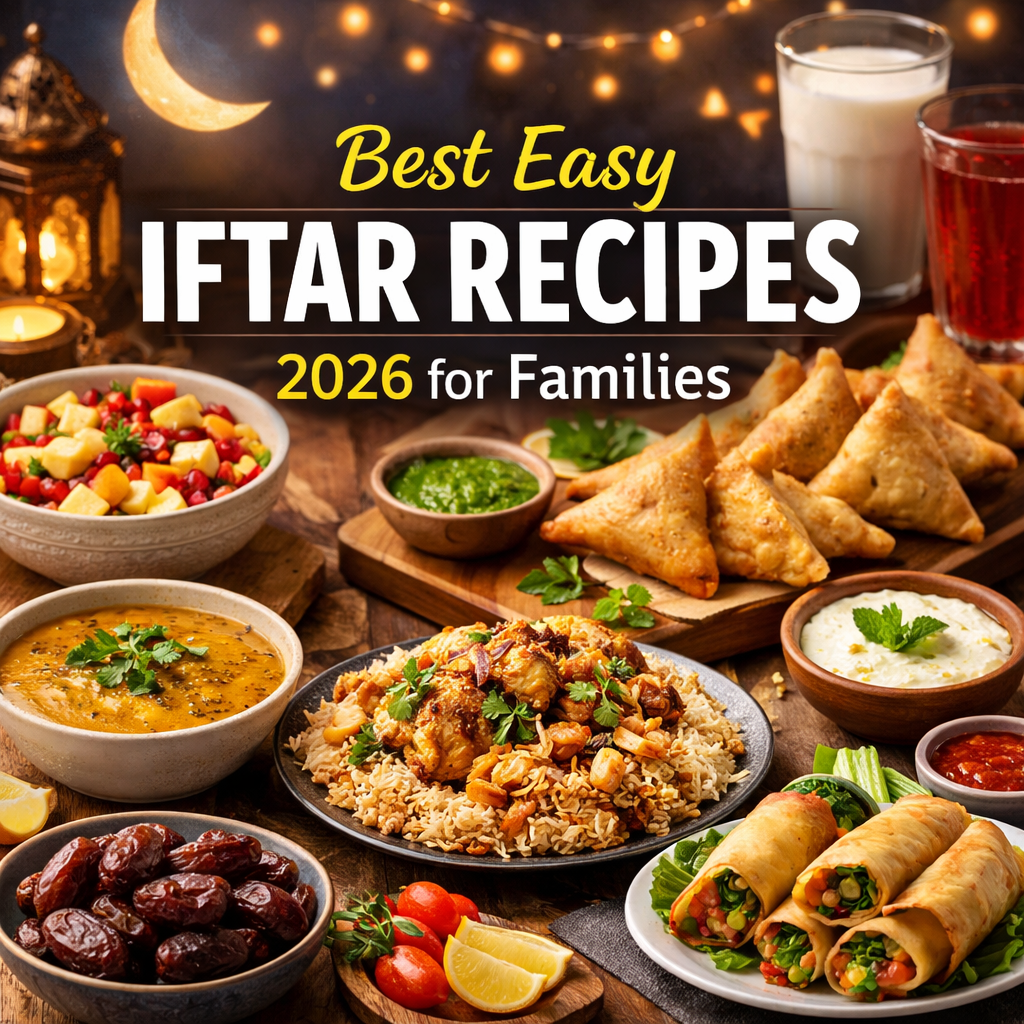 Family iftar table with fruit chaat, samosas, lentil soup, chicken rice, dates and drinks for Ramadan 2026