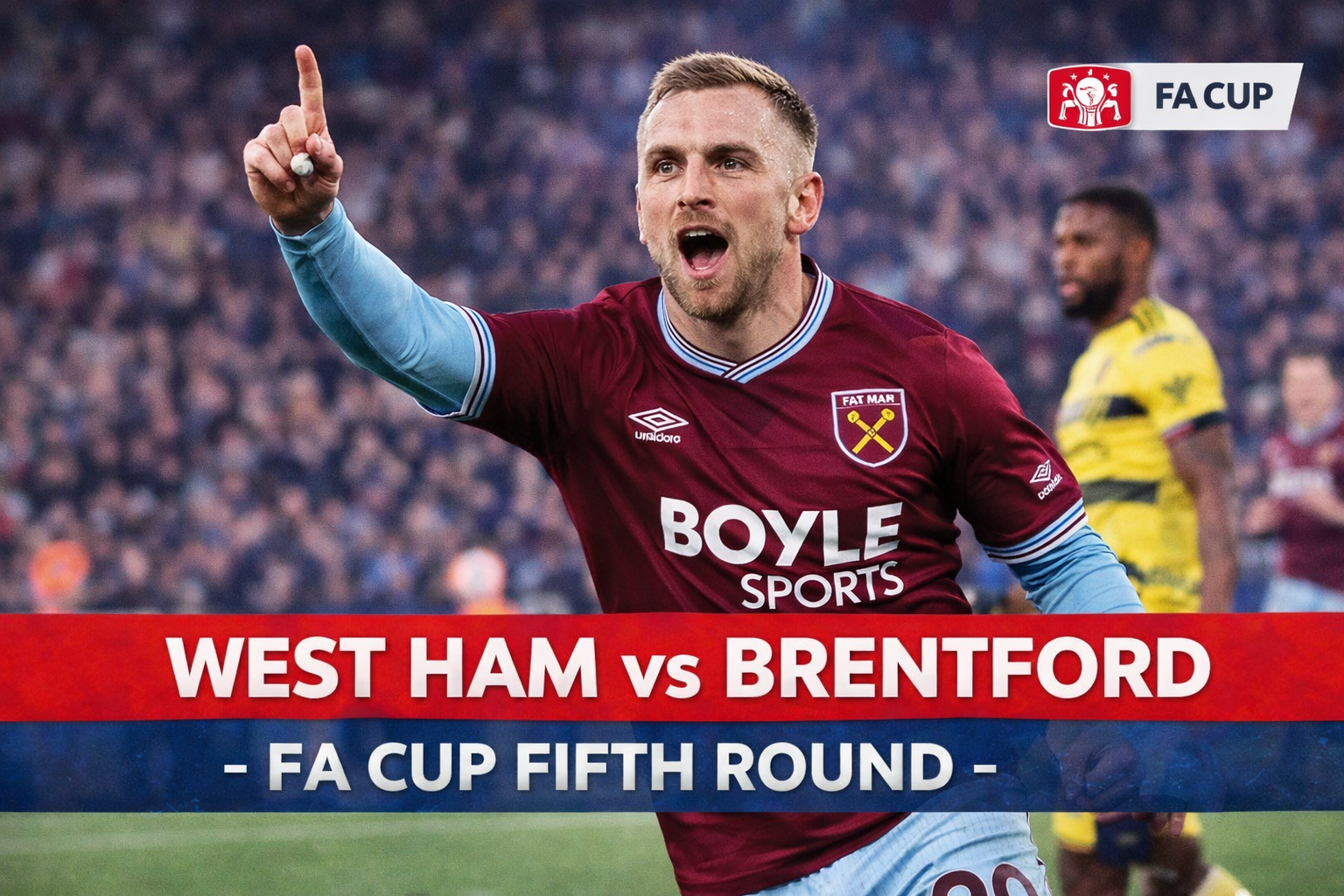 Jarrod Bowen celebrating a goal during the West Ham vs Brentford FA Cup fifth round match as West Ham takes the lead in the London derby.