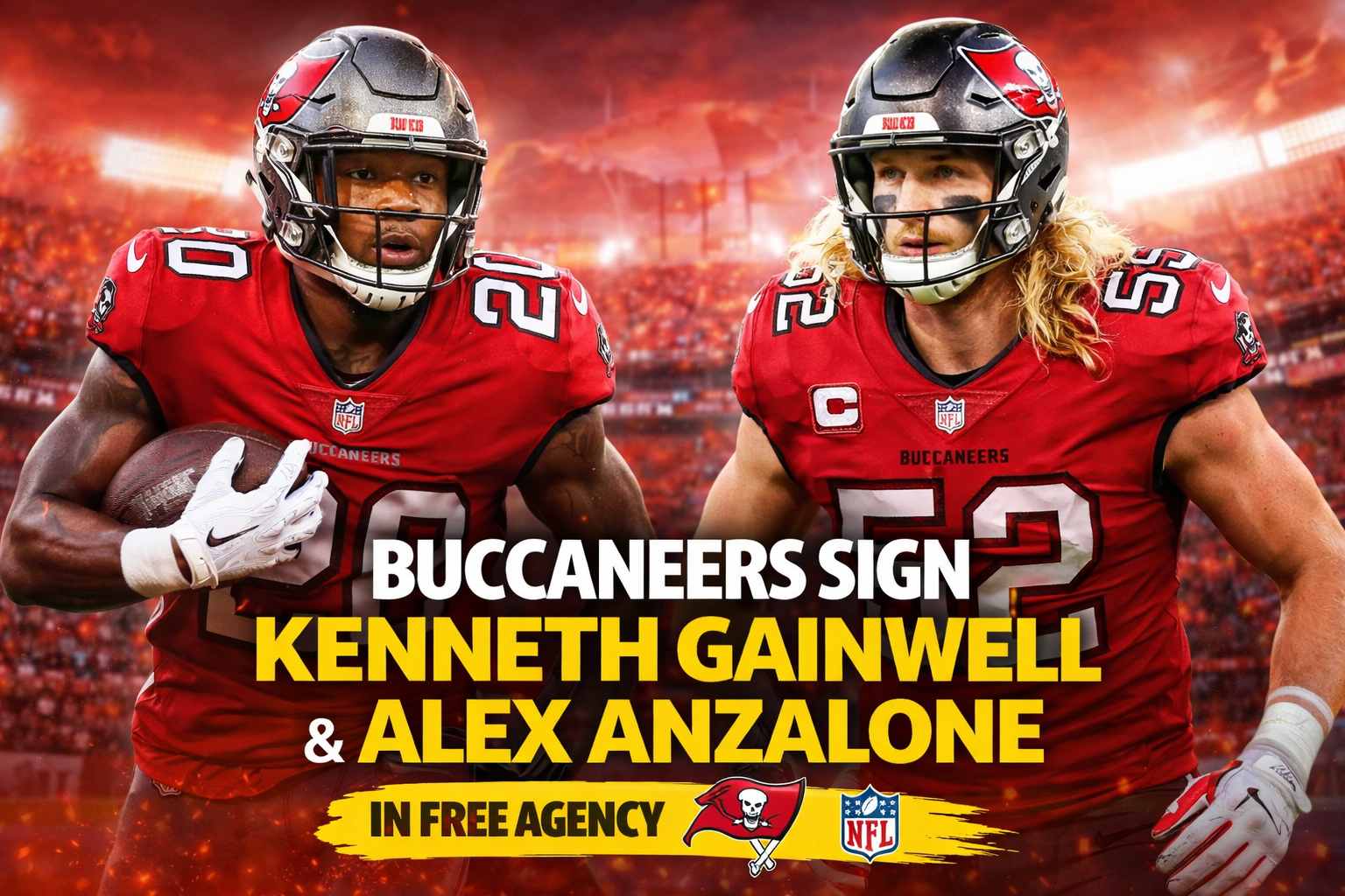 Kenneth Gainwell and Alex Anzalone join the Tampa Bay Buccaneers during the 2026 NFL free agency period.
