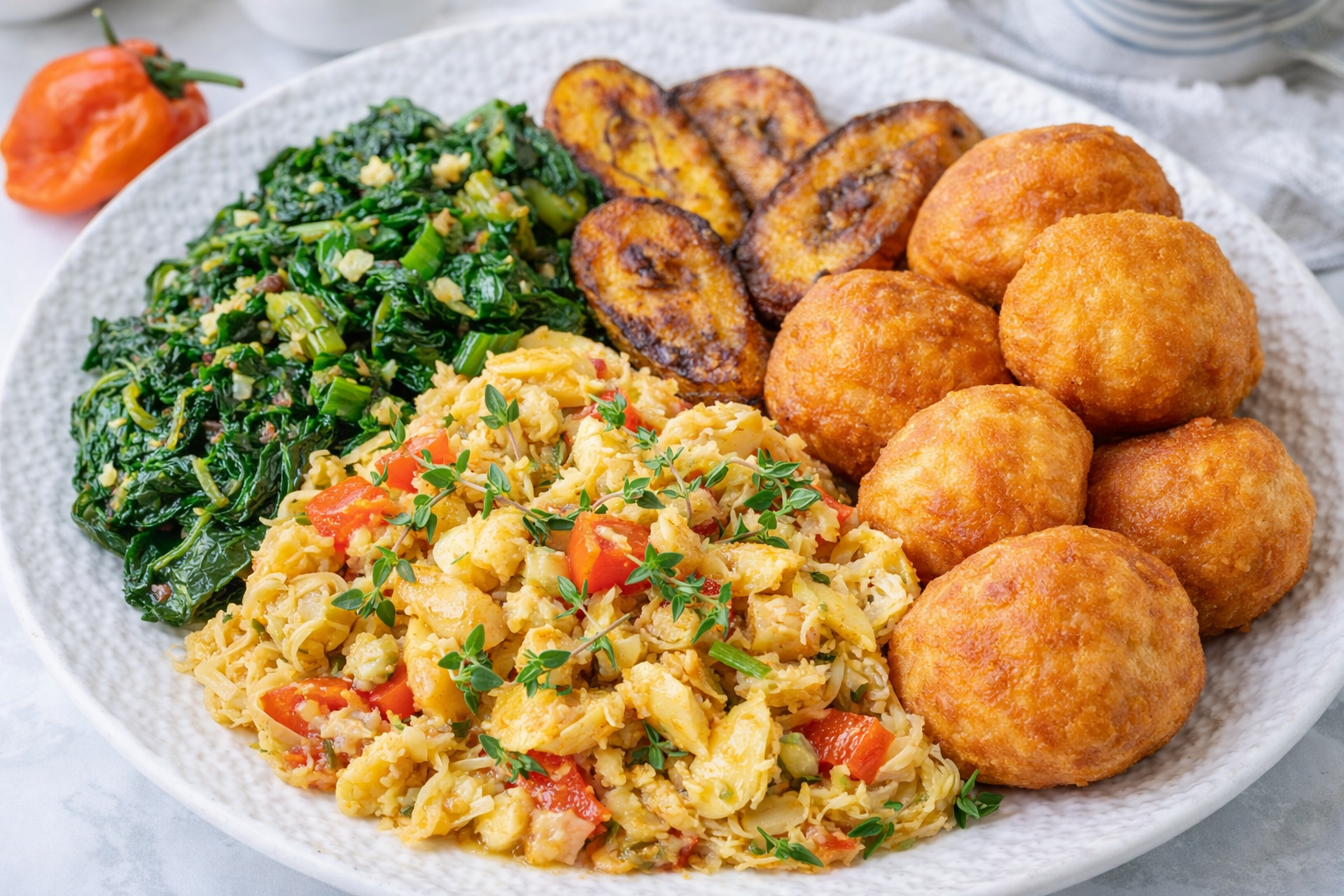 Traditional Jamaican breakfast with ackee, fried dumplings, plantains, and sautéed greens