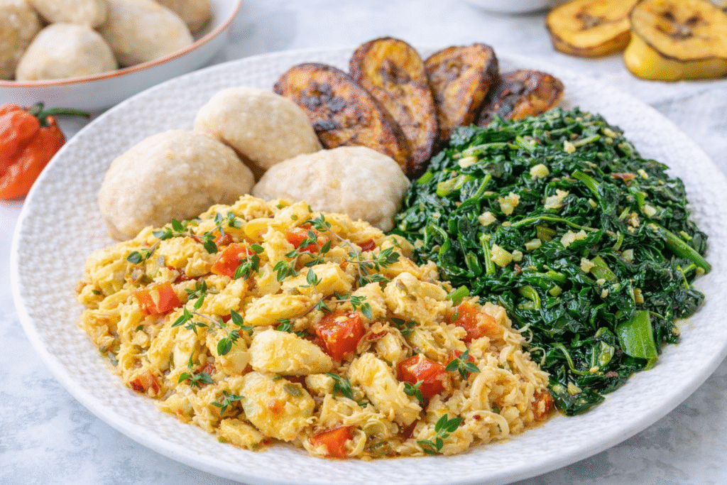 Authentic Jamaican breakfast with ackee, boiled dumplings, plantains, and callaloo-style greens