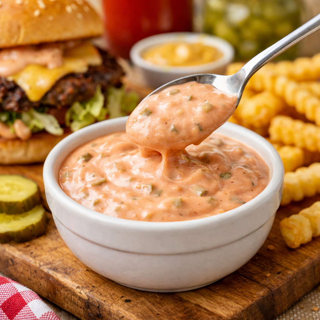 Creamy smash burger sauce in a white bowl with pickles, cheeseburger, and fries on a wooden board.