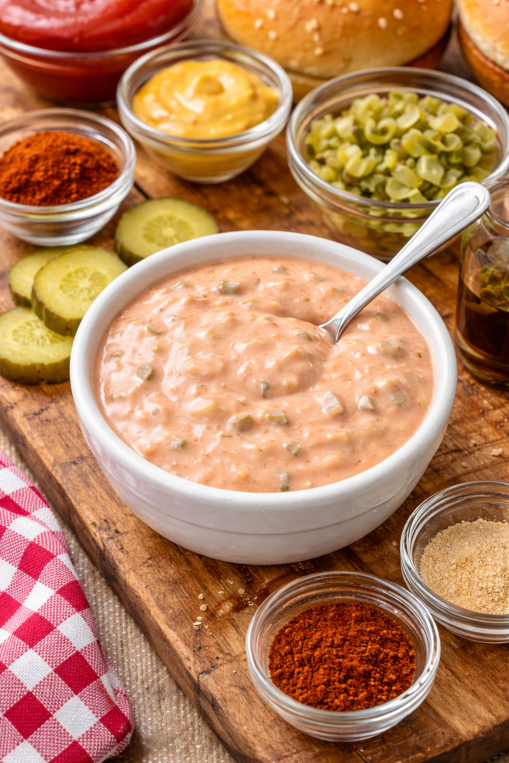 Homemade smash burger sauce in bowl with burger sauce ingredients including ketchup, mustard, pickles, and paprika.