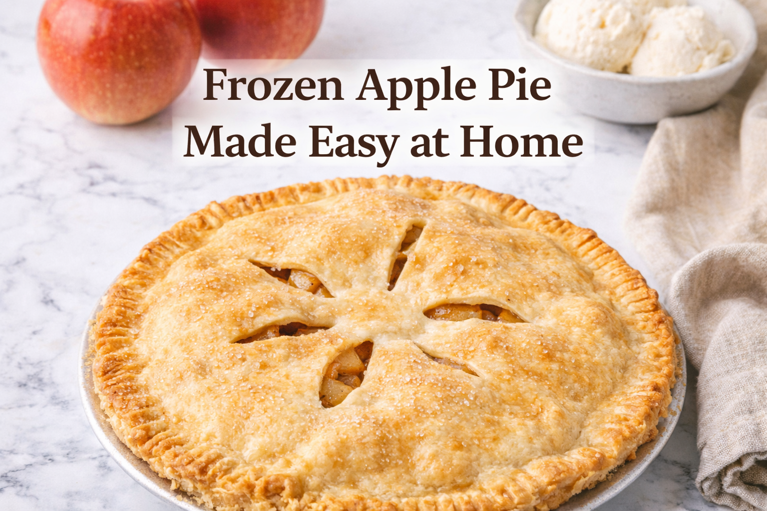 Freshly baked frozen apple pie with flaky crust and a slice served with vanilla ice cream.