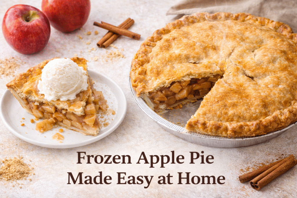 Golden baked apple pie made from frozen pie with cinnamon apples and flaky crust.
