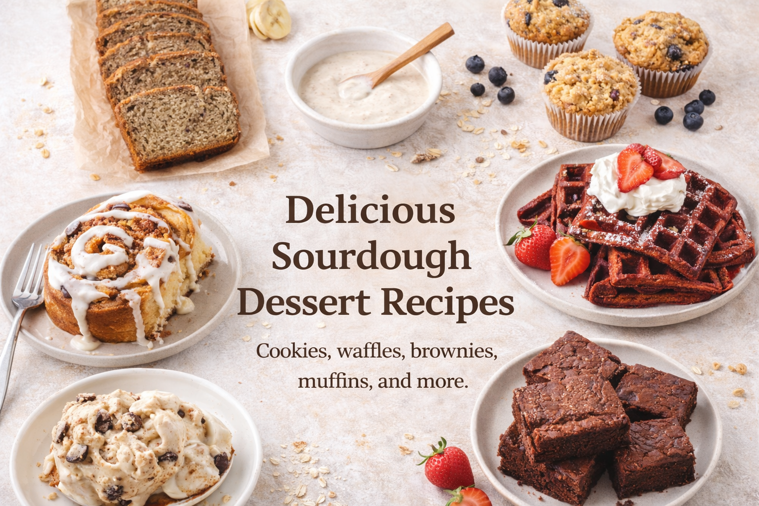 Assorted sourdough desserts including cookies, waffles, brownies, and coffee cake on plates.