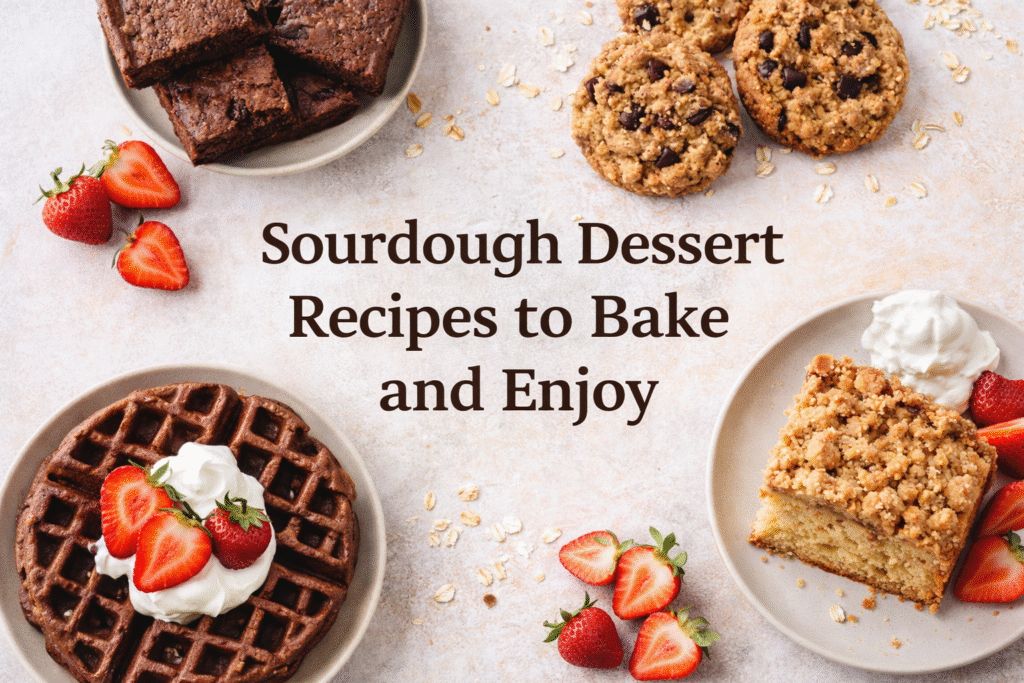 Sourdough dessert recipes including chocolate waffles with strawberries, brownies, cookies, and coffee cake.
