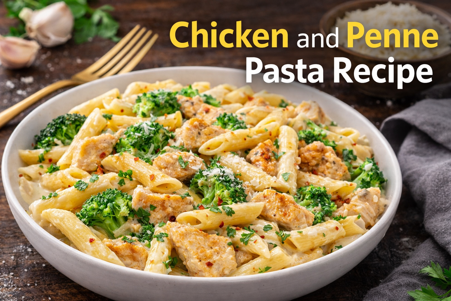 creamy chicken and penne pasta with broccoli in a bowl on rustic table