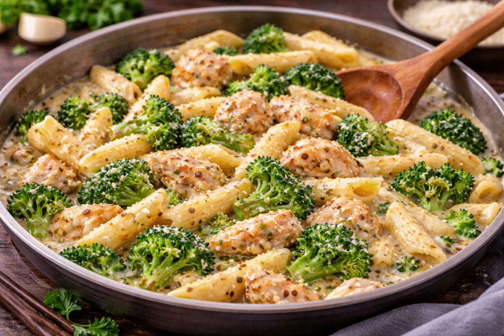 skillet chicken and penne pasta with creamy sauce broccoli and herbs