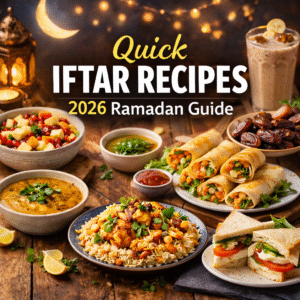 Quick iftar recipes 2026 Ramadan table with fruit chaat, lentil soup, chicken rice, wraps, sandwiches, dates and milkshake