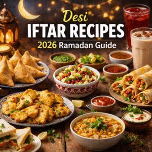 Desi iftar recipes 2026 Ramadan table with samosas, pakoras, chana chaat, dahi bhallay, chicken rolls and traditional drinks
