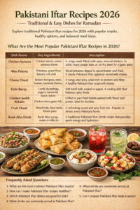 Infographic titled “Pakistani Iftar Recipes 2026” showing traditional Ramadan dishes like samosas, pakoras, chana chaat, dahi baray, kebabs, fruit chaat, and Rooh Afza arranged on a festive iftar table.