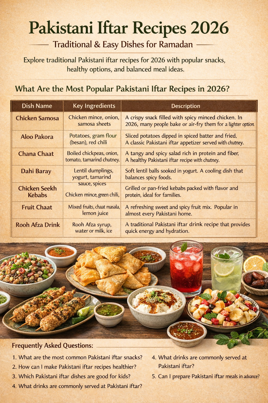 Infographic titled “Pakistani Iftar Recipes 2026” showing traditional Ramadan dishes like samosas, pakoras, chana chaat, dahi baray, kebabs, fruit chaat, and Rooh Afza arranged on a festive iftar table.