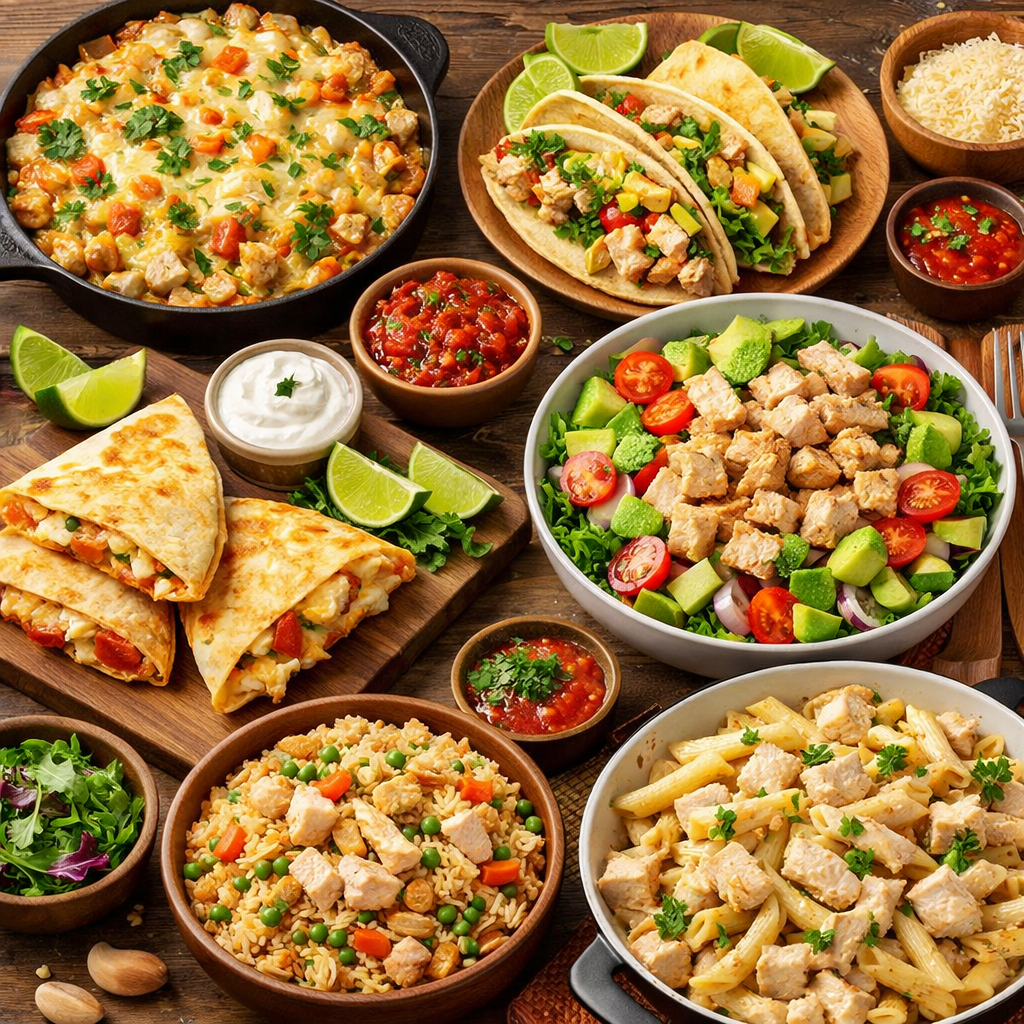 Variety of cooked chicken recipes including quesadillas, chicken salad, casserole, fried rice, and creamy chicken pasta on a rustic table.