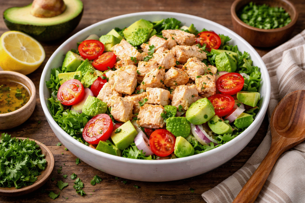 Healthy chicken and avocado salad with cooked cubed chicken, cherry tomatoes, avocado, and fresh greens in a white bowl.