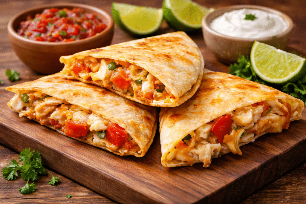 Golden crispy chicken quesadillas filled with cooked shredded chicken, melted cheese, and vegetables served with salsa and sour cream.