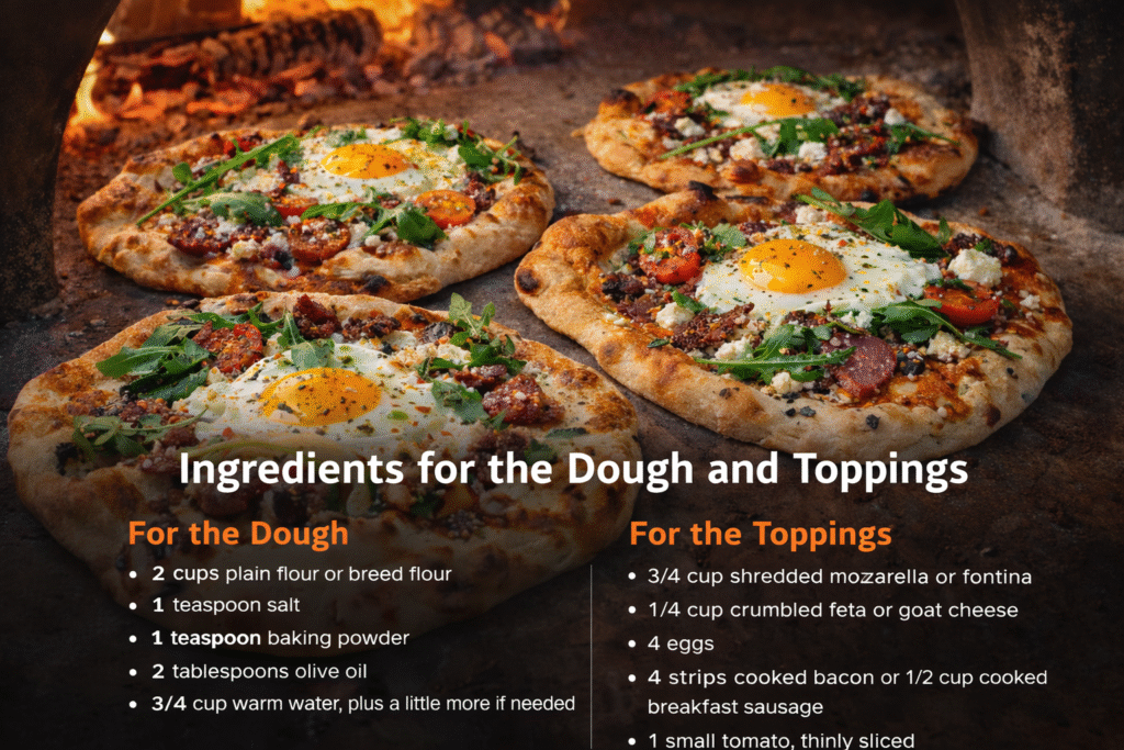 homemade wood fired breakfast flatbread with eggs sausage cheese and vegetables