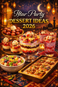 Iftar Party Dessert Ideas 2026 feature image showing Gulab Jamun, trifle, Falooda, Shahi Tukray and Fruit Chaat with Ramadan lanterns and crescent moon background.