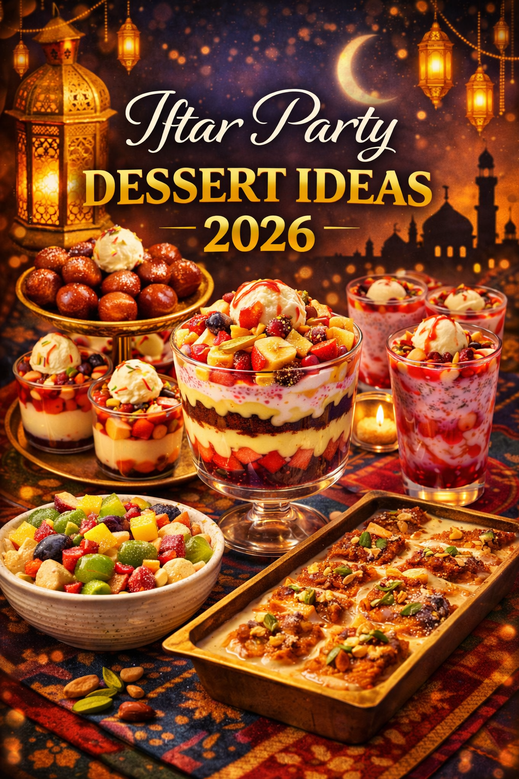 Iftar Party Dessert Ideas 2026 feature image showing Gulab Jamun, trifle, Falooda, Shahi Tukray and Fruit Chaat with Ramadan lanterns and crescent moon background.