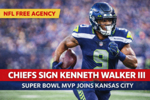 Kenneth Walker III running with the football during an NFL game as news highlights Kansas City Chiefs signing the former Seattle Seahawks running back in NFL free agency.