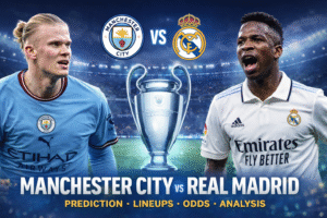 Manchester City vs Real Madrid Champions League match graphic featuring Erling Haaland and Vinicius Junior with trophy and team logos