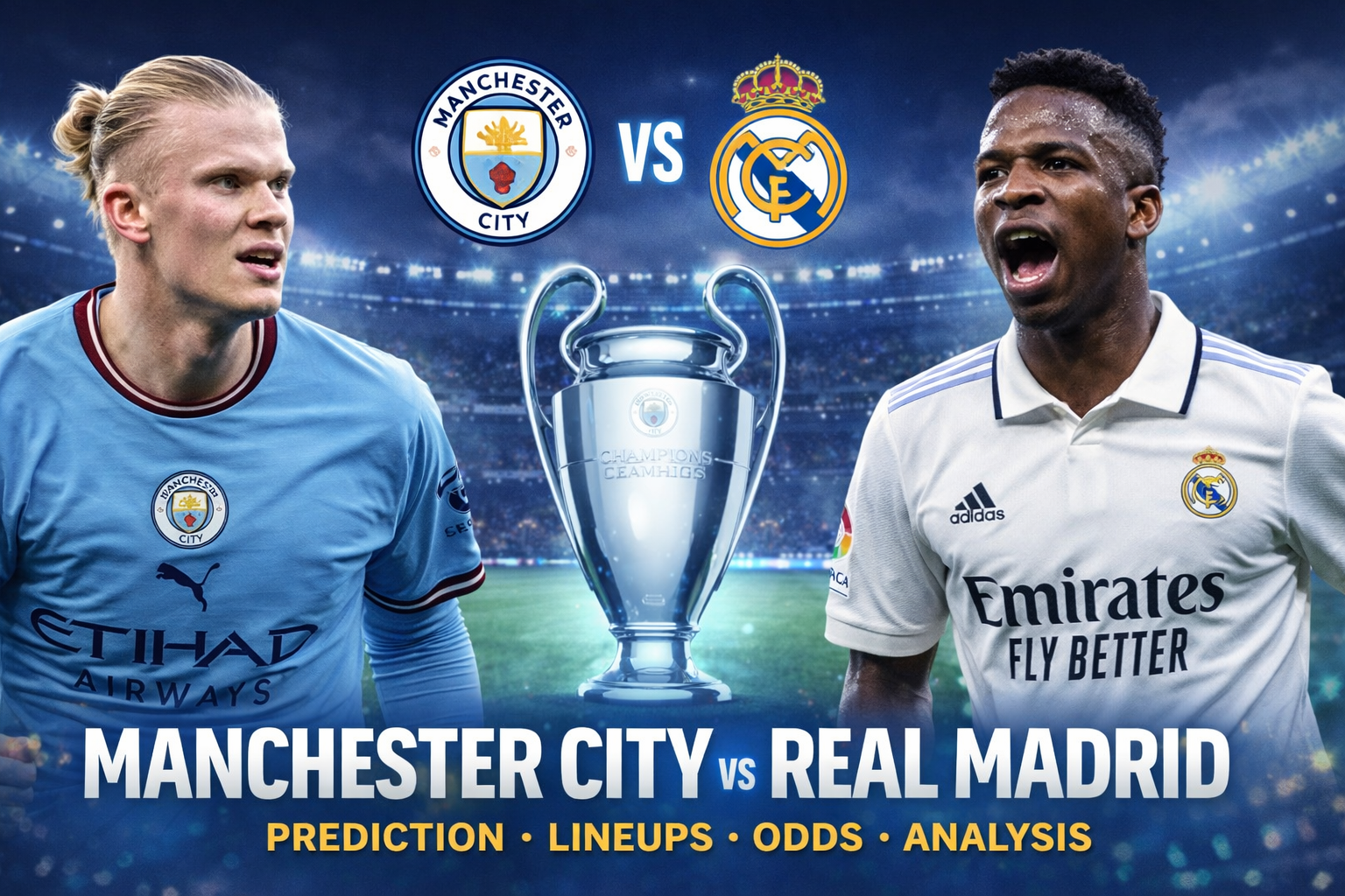 Manchester City vs Real Madrid Champions League match graphic featuring Erling Haaland and Vinicius Junior with trophy and team logos