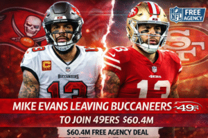 Mike Evans pictured in Tampa Bay Buccaneers and San Francisco 49ers uniforms in a news graphic announcing his $60.4 million free agency move to the 49ers.