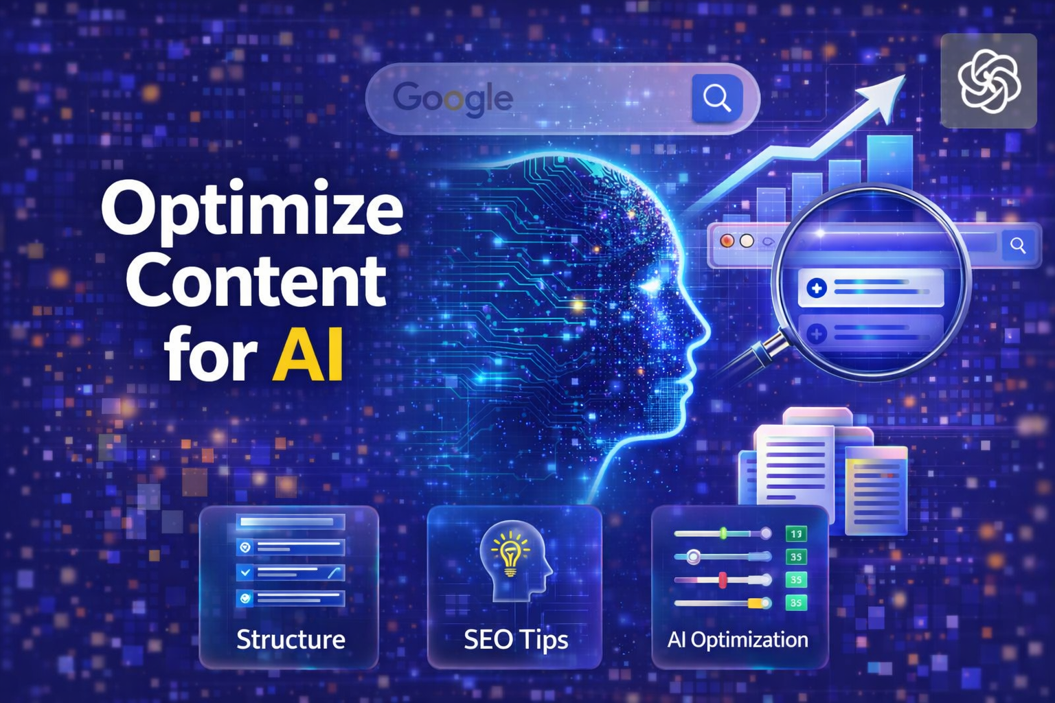 optimize content for AI search engines in 2026 showing structured content, SEO strategy, and AI optimization process