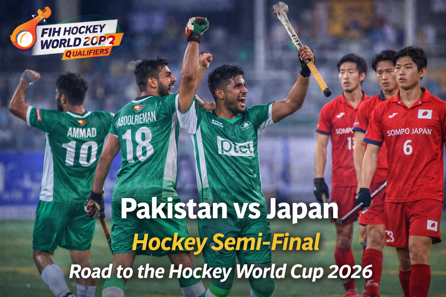 Pakistan vs Japan FIH Hockey World Cup 2026 Qualifier Semi Final match preview with Pakistan hockey players celebrating and Japan team in background