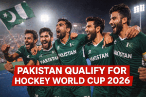 Pakistan hockey team celebrating after qualifying for the Hockey World Cup 2026 following a dramatic victory over Japan in the FIH qualifiers.