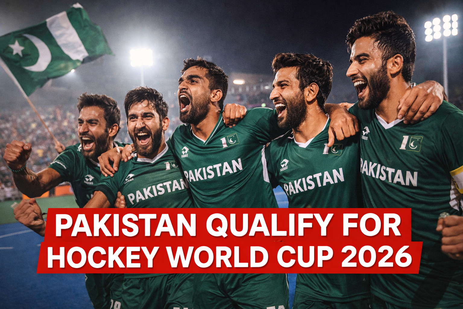 Pakistan hockey team celebrating after qualifying for the Hockey World Cup 2026 following a dramatic victory over Japan in the FIH qualifiers.