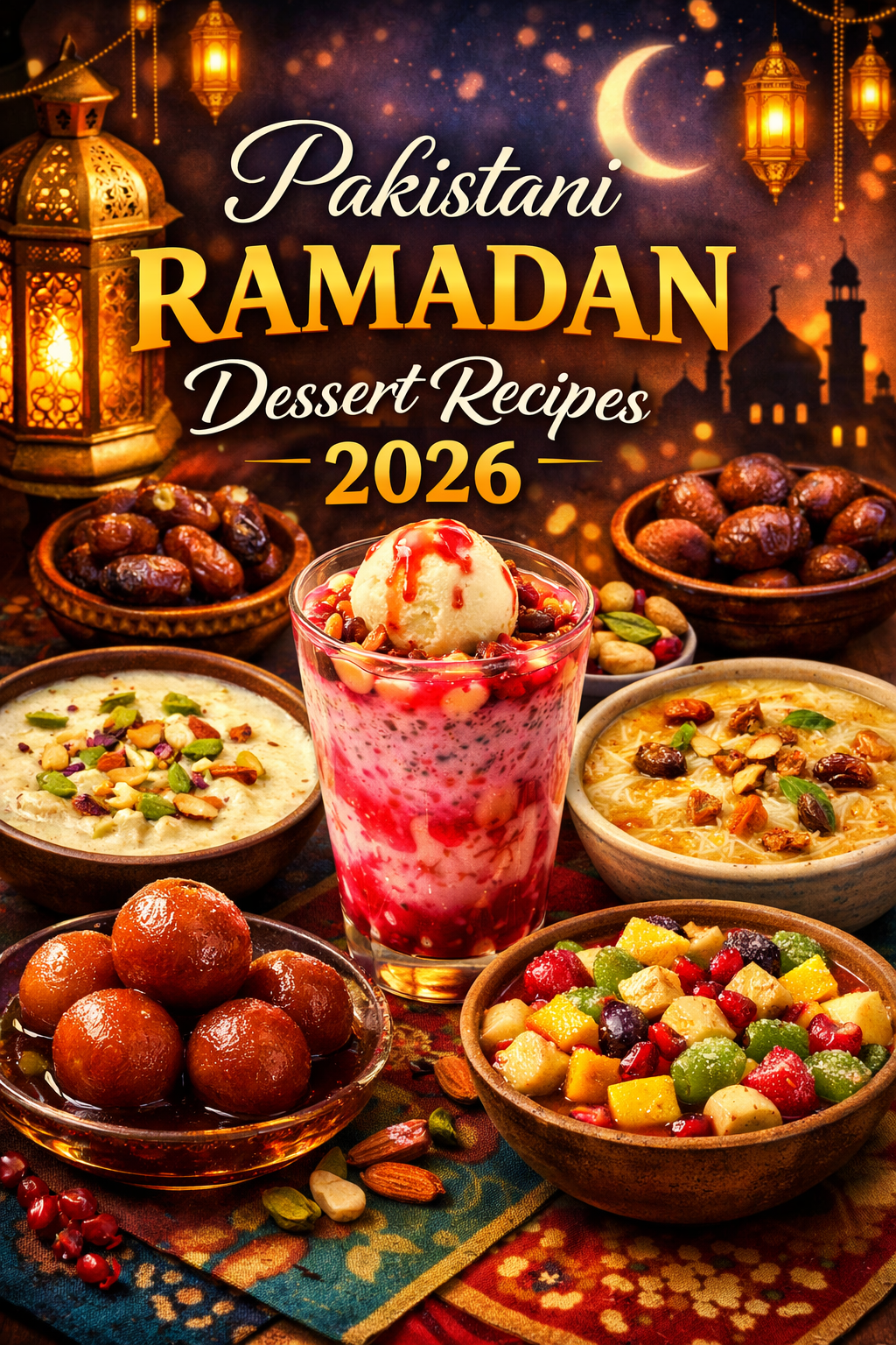 Pakistani Ramadan Dessert Recipes 2026 feature image showing Kheer, Sheer Khurma, Falooda, Gulab Jamun, and Fruit Chaat with Ramadan lantern and crescent moon background.