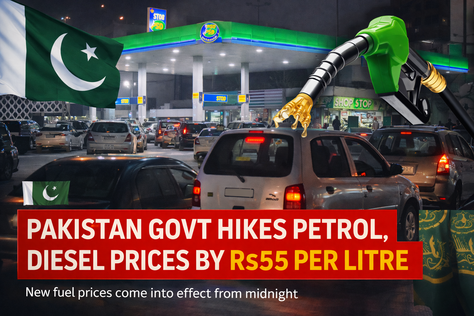 Pakistan petrol price increase news showing cars lined up at a petrol station after government raised petrol and diesel prices by Rs55 per litre