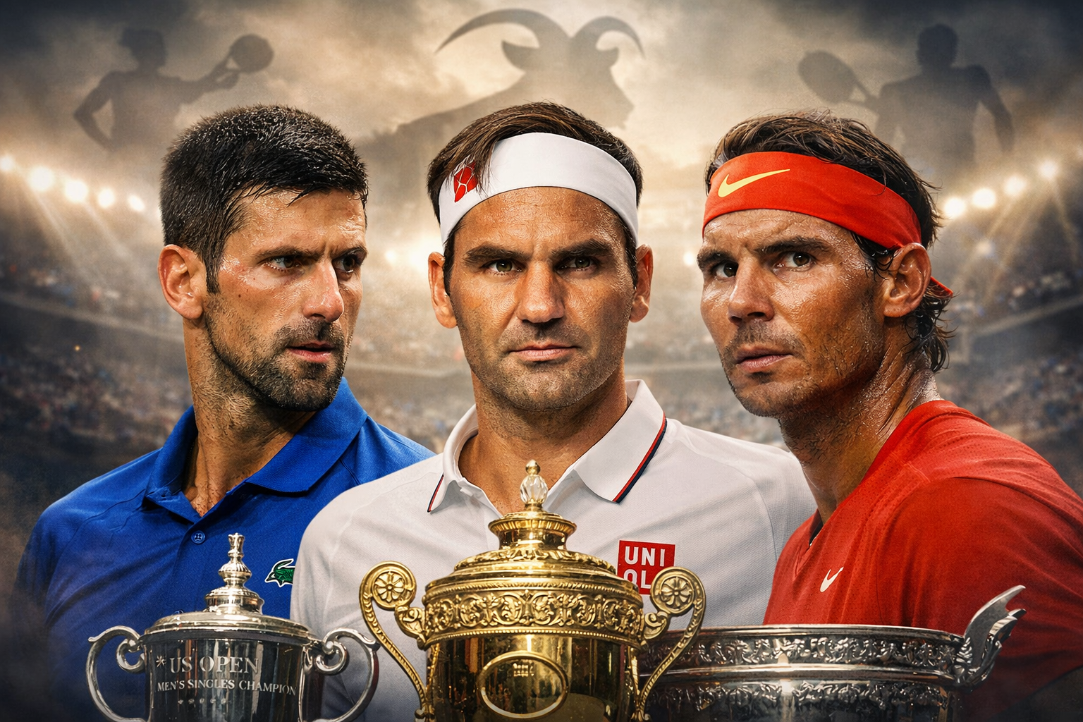 Novak Djokovic, Roger Federer and Rafael Nadal during the tennis GOAT debate era with Grand Slam trophies