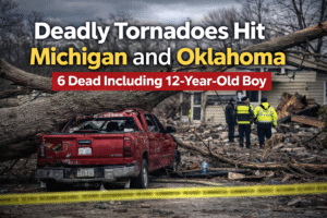 Deadly tornado damage in Michigan as fallen tree crushes pickup truck while emergency crews search debris after severe storms