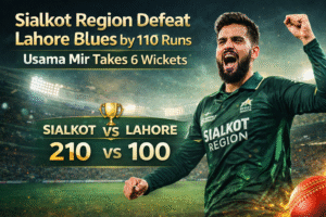 Usama Mir celebrating during Sialkot Region’s 110-run victory over Lahore Region Blues in the National T20 Cup, with match score 210 vs 100 displayed in a cricket stadium graphic.