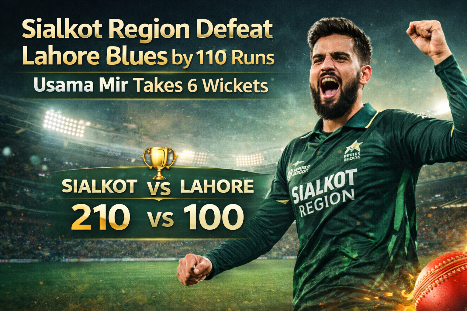 Usama Mir celebrating during Sialkot Region’s 110-run victory over Lahore Region Blues in the National T20 Cup, with match score 210 vs 100 displayed in a cricket stadium graphic.