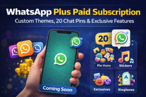 WhatsApp Plus paid subscription features including custom themes, 20 chat pins, exclusive stickers and ringtones coming soon