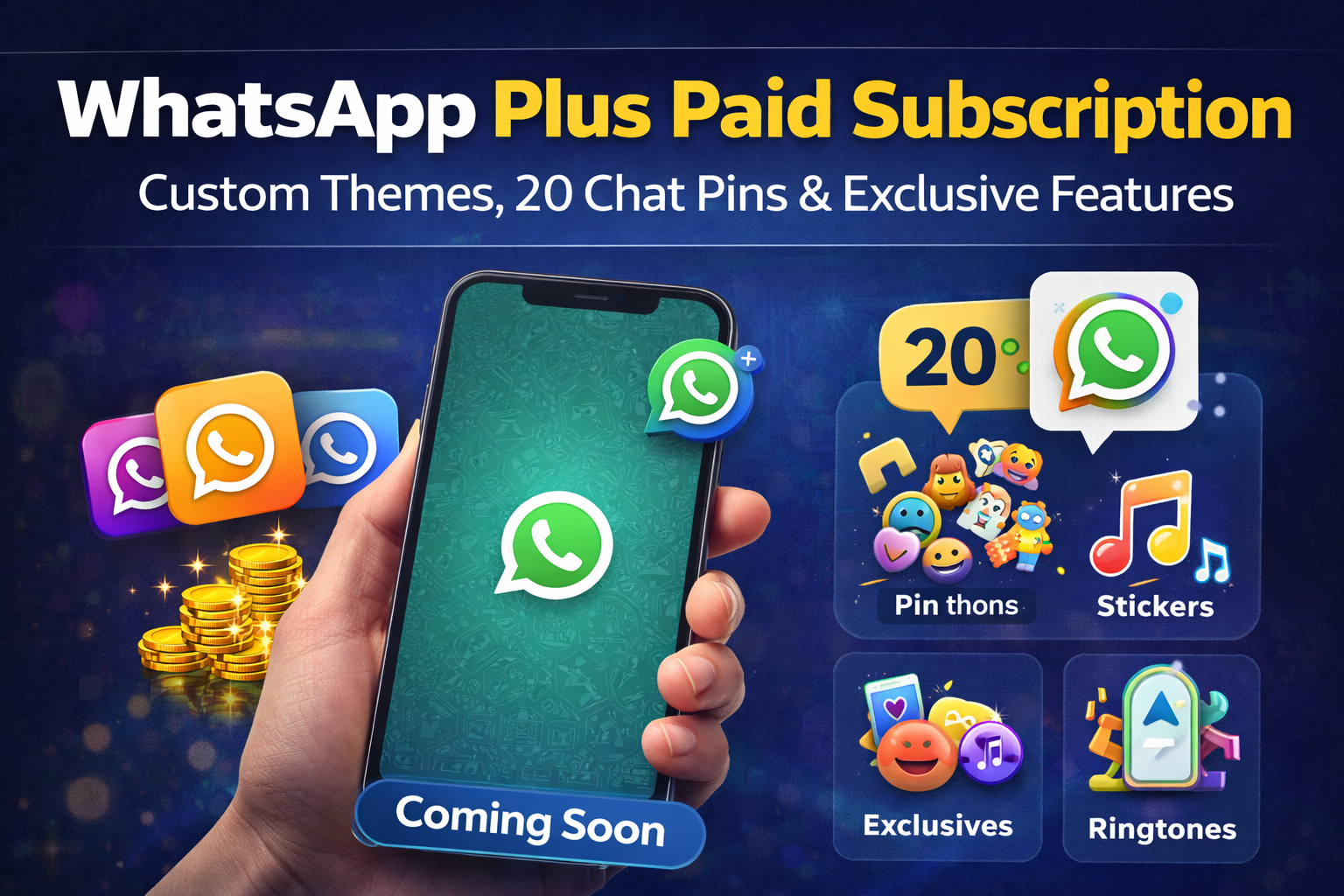WhatsApp Plus paid subscription features including custom themes, 20 chat pins, exclusive stickers and ringtones coming soon