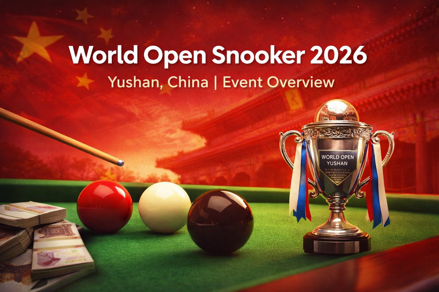 World Open Snooker 2026 tournament overview in Yushan China with snooker table balls and trophy