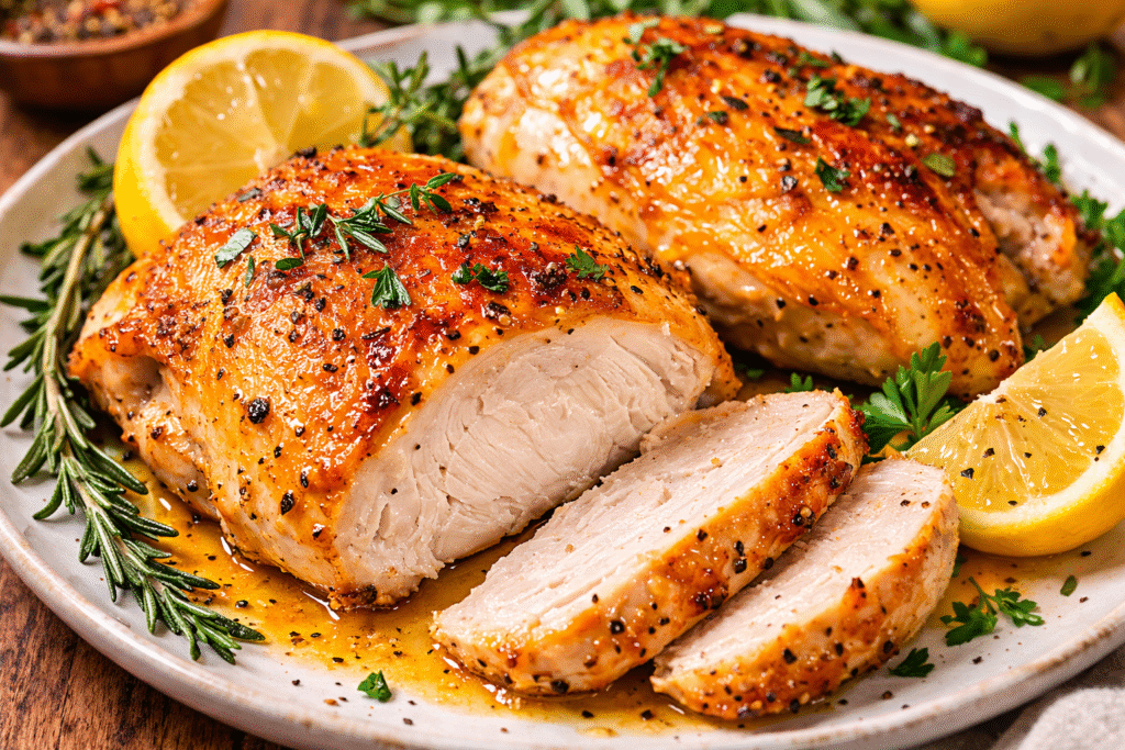 Oven roasted bone-in chicken breast with crispy golden skin served with lemon wedges, garlic, and fresh herbs